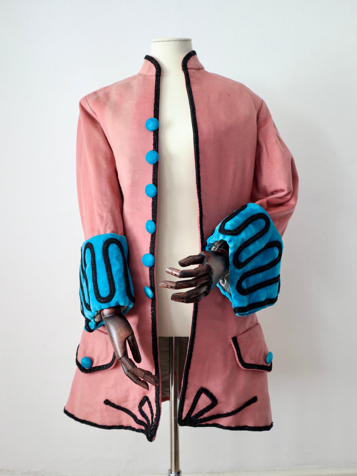 1950s French Opera House Costume Frock Coat 18th Century 1700s Marseille Pink Wool Cotton Lined Blue Velvet Cuffs Large Buttons