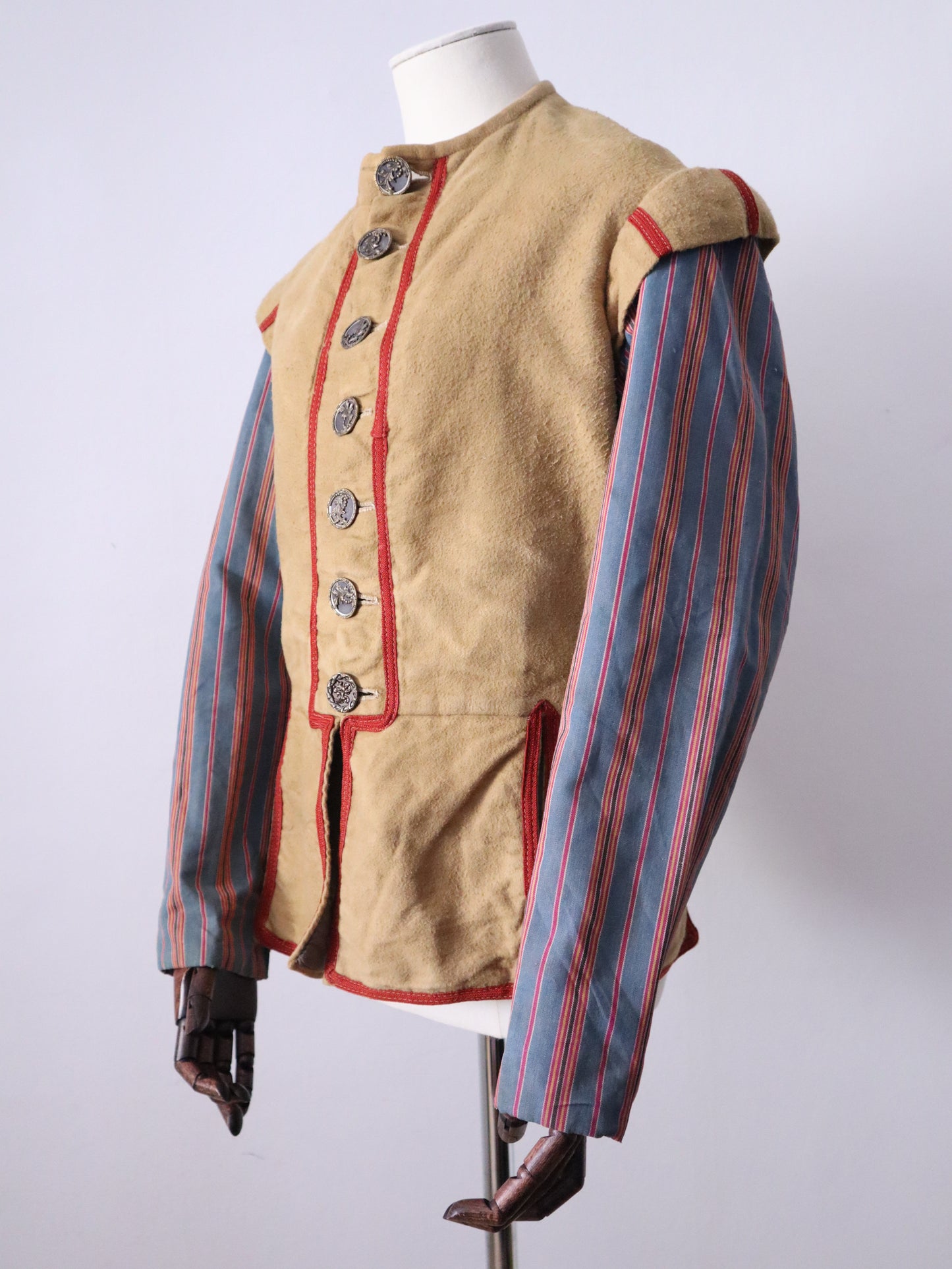 Antique French Opera Costume Jacket Sand Blue Stripe Cotton Sleeves Ribbon Trim Medieval Renaissance Metal Buttons
