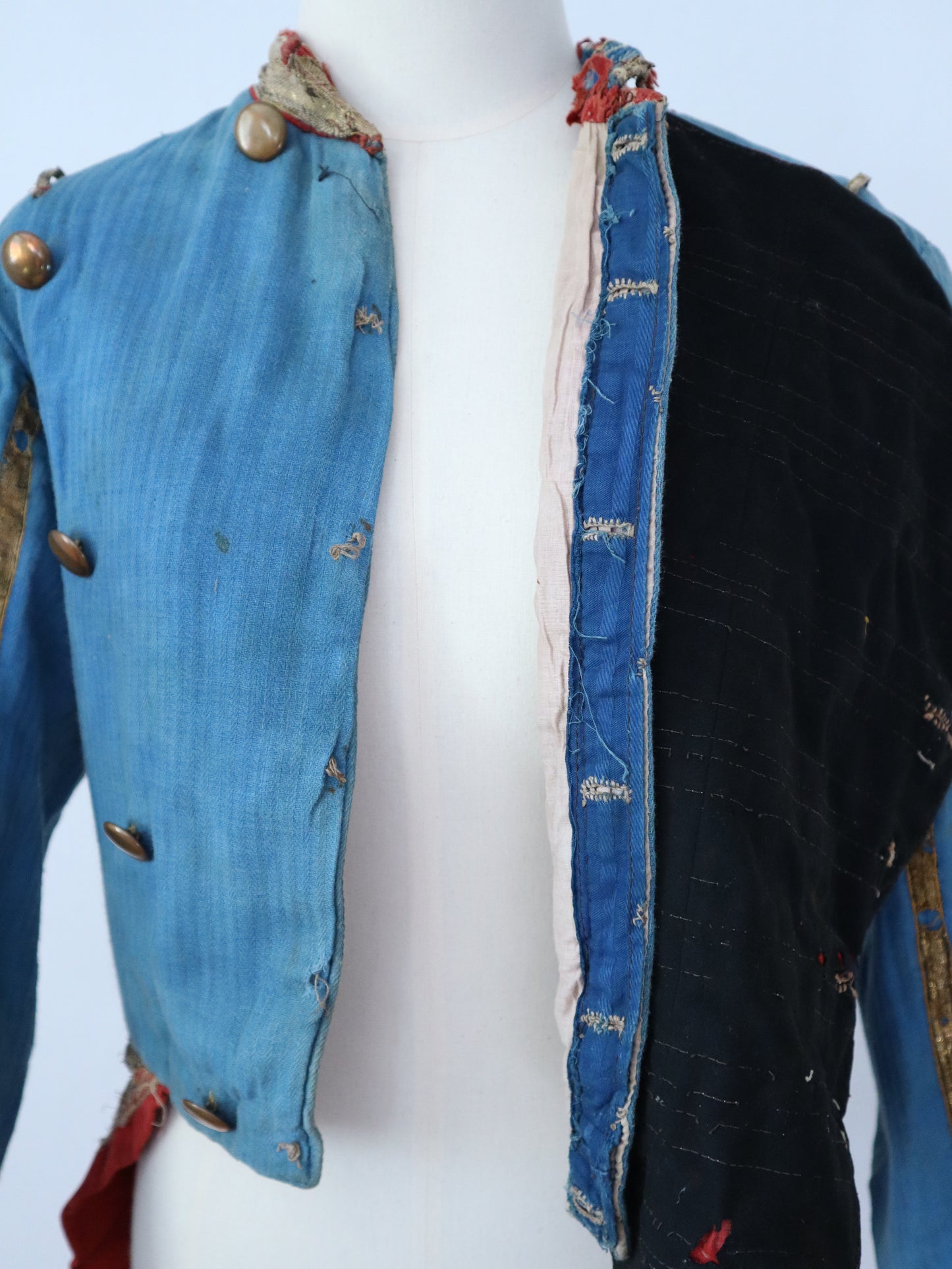 Antique French Theatre Costume 19th Century Military Style Indigo Blue Red Sun Fade Gold Ribbon Trim Brass Buttons