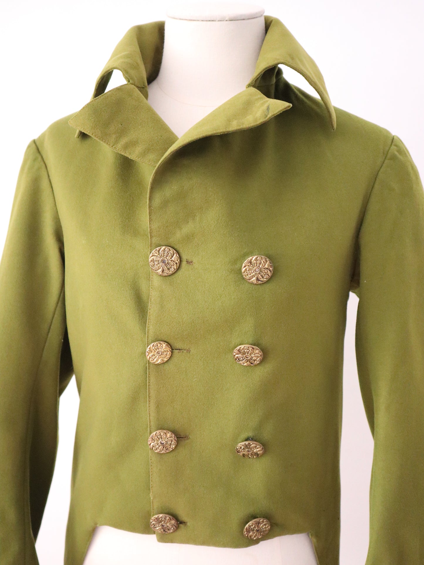 Antique French Tailcoat by Aristide Boyer – Bright Green Wool Theatre Jacket with Ring-Back Buttons – Regency-Inspired