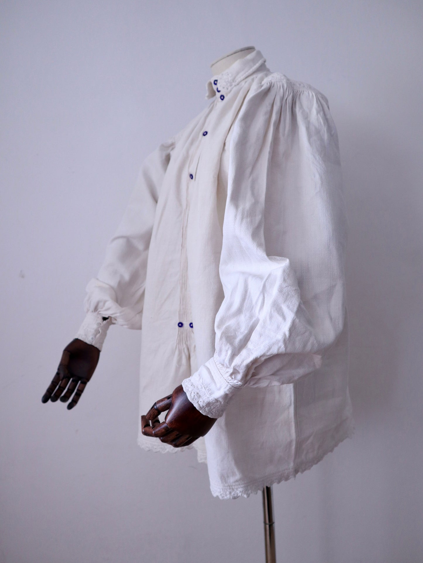 1930s–1940s Transylvanian Linen Shirt with Pressed Glass Buttons