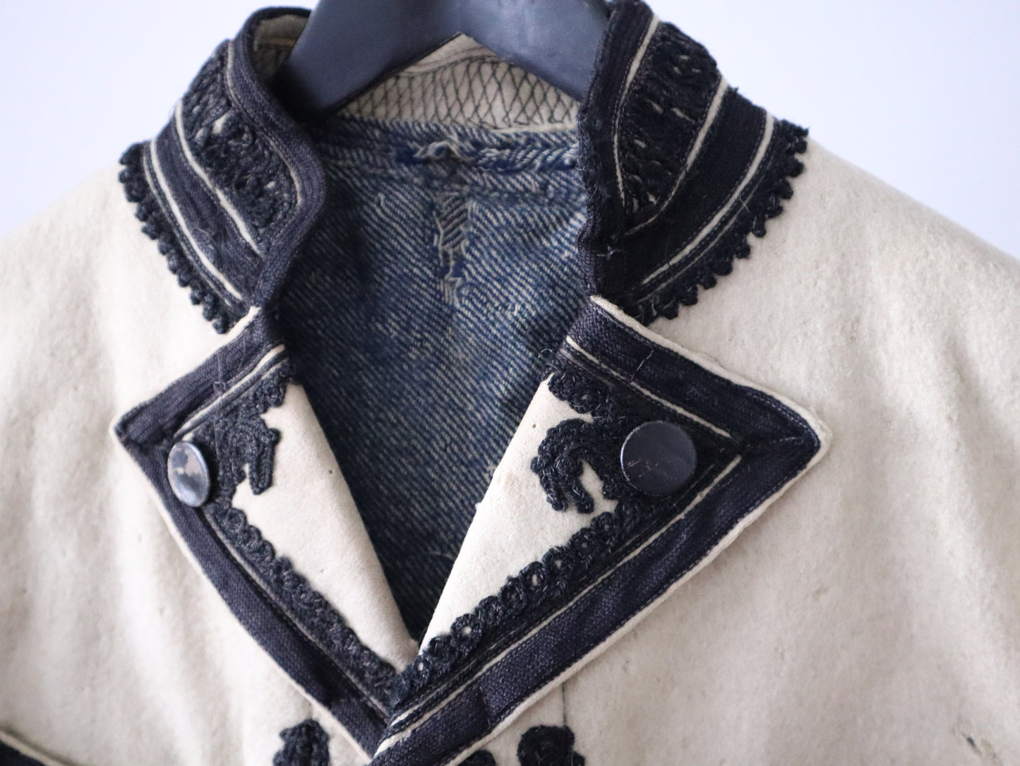 1930s Transylvanian Folk Jacket – Cream Wool with Black Soutache Embroidery – Indigo Cotton Twill Lining – Traditional Vintage Coat