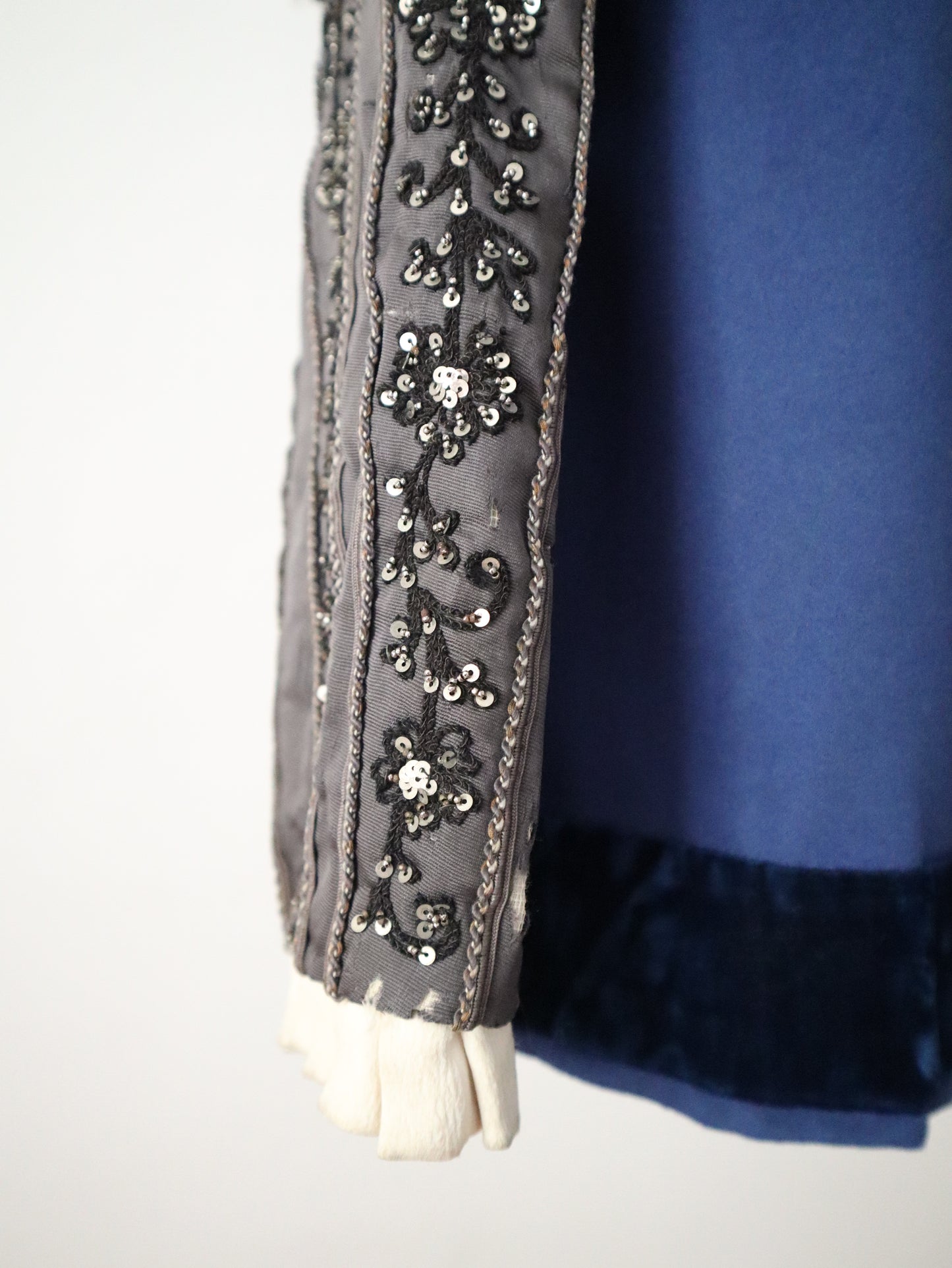 Antique French Opera Doublet Tunic Blue Wool Silk Beaded Sequins Lace Up Early 1900s Renaissance Style