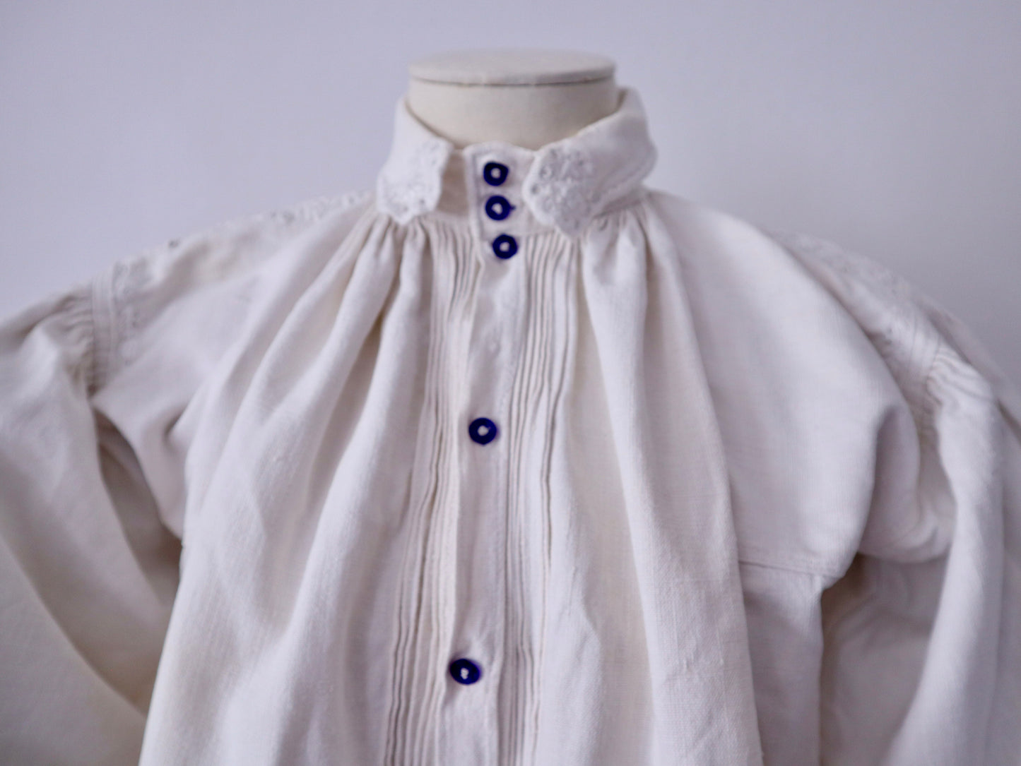 1930s–1940s Transylvanian Linen Shirt with Pressed Glass Buttons