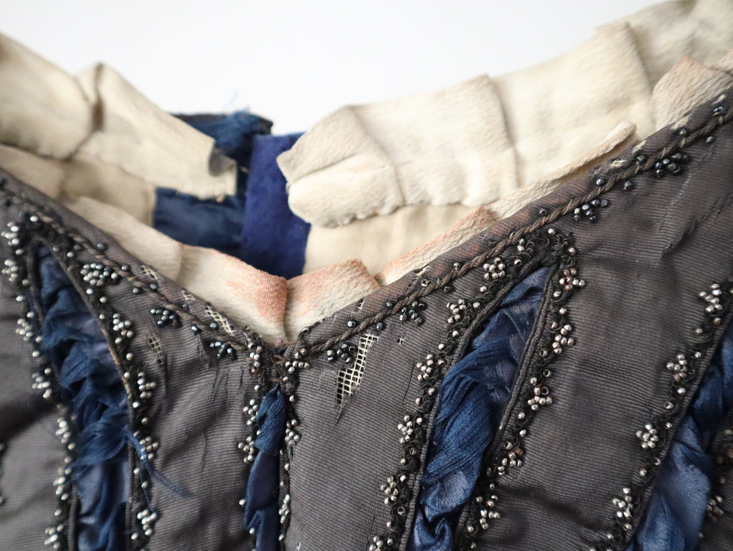 Antique French Opera Doublet Tunic Blue Wool Silk Beaded Sequins Lace Up Early 1900s Renaissance Style