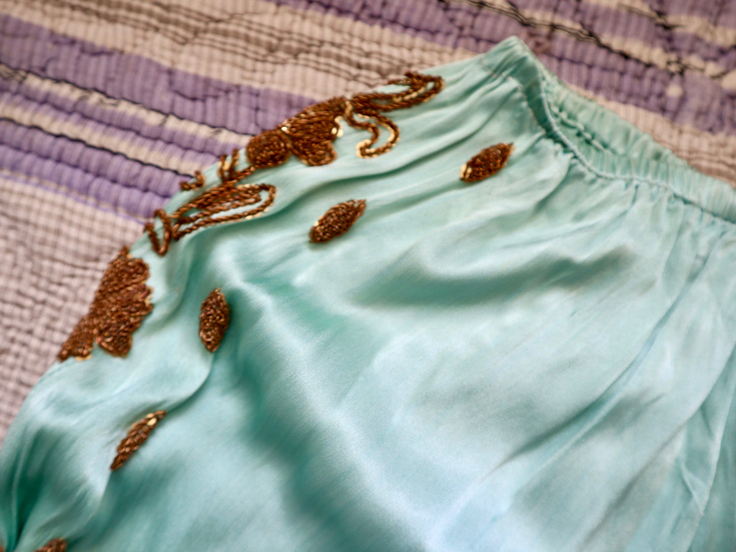 1950s Turquoise Silky Satin Two Piece Gold Beading Sequins Chiffon Sleeves Oriental Eastern