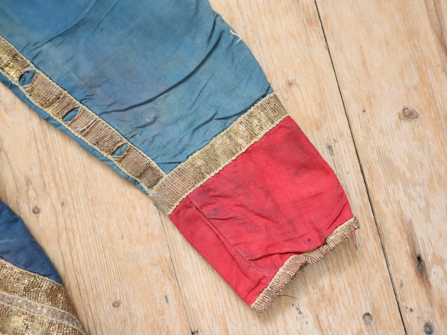 Antique French Theatre Costume 19th Century Military Style Indigo Blue Red Sun Fade Gold Ribbon Trim