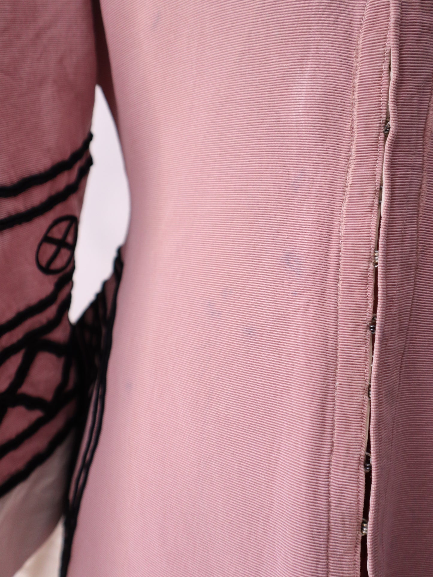 1930s -40s French Opera Tunic Dress by Henri Lebrun – Pink Grosgrain with Black Soutache Trim – Vintage Theatrical Costume