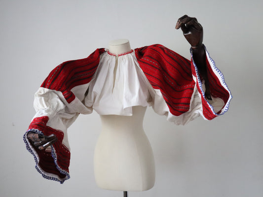 Croatian Folk Blouse – 1940s Croatia–Hungary Border – White Linen with Red, Black and White Woven Sleeves – Cropped Body