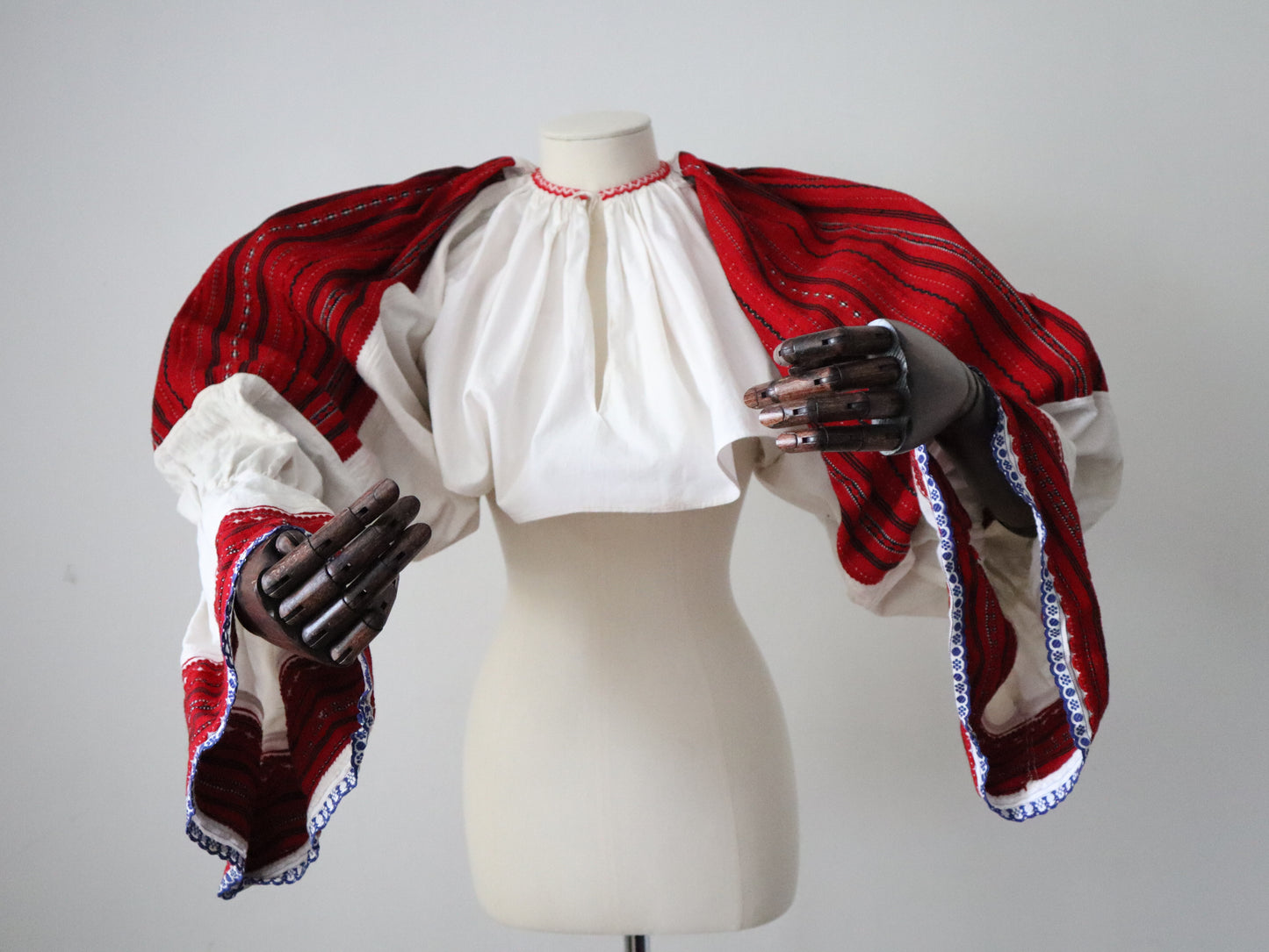 Croatian Folk Blouse – 1940s Croatia–Hungary Border – White Linen with Red, Black and White Woven Sleeves – Cropped Body