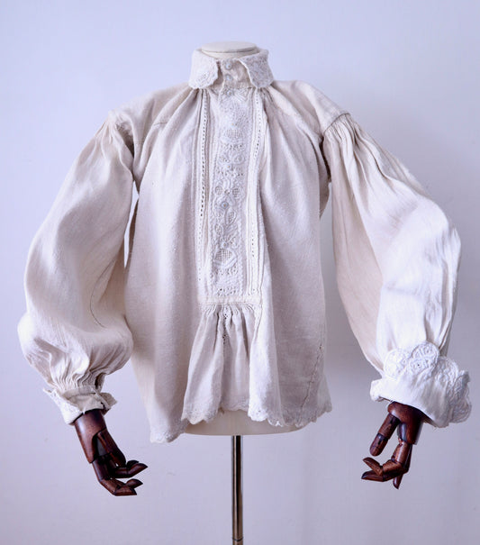 1930s - 1940s Transylvanian linen shirt with embroidery and cutwork