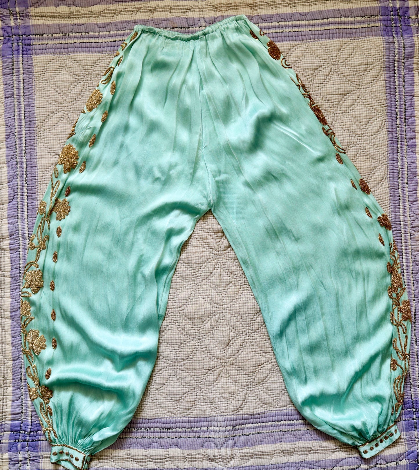 1950s Turquoise Silky Satin Two Piece Gold Beading Sequins Chiffon Sleeves Oriental Eastern