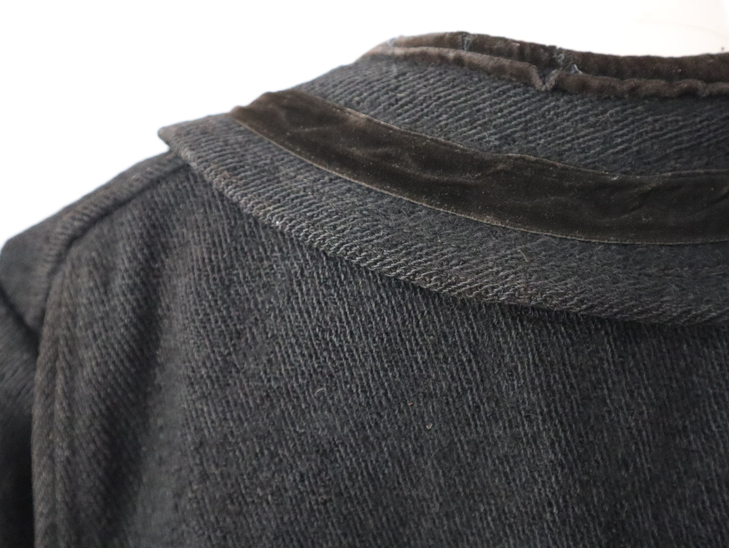 1920s Transylvanian Charcoal Black Wool Coat Traditional Folk Clothing Velvet Trim Stitching
