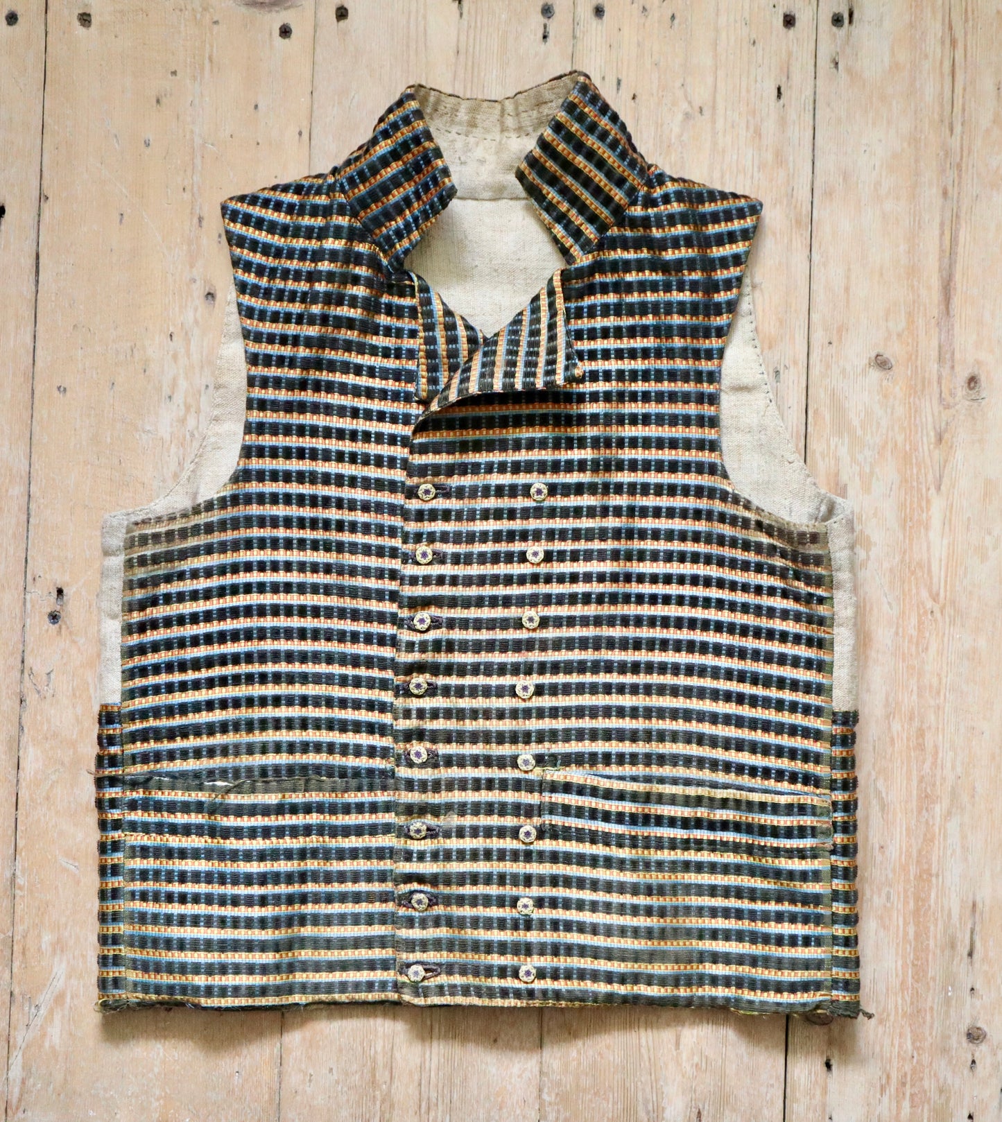 1790s - 1800 Silk Velvet Waistcoat
Vest Stripe Covered Buttons Double Breasted French Sack
Linen Back