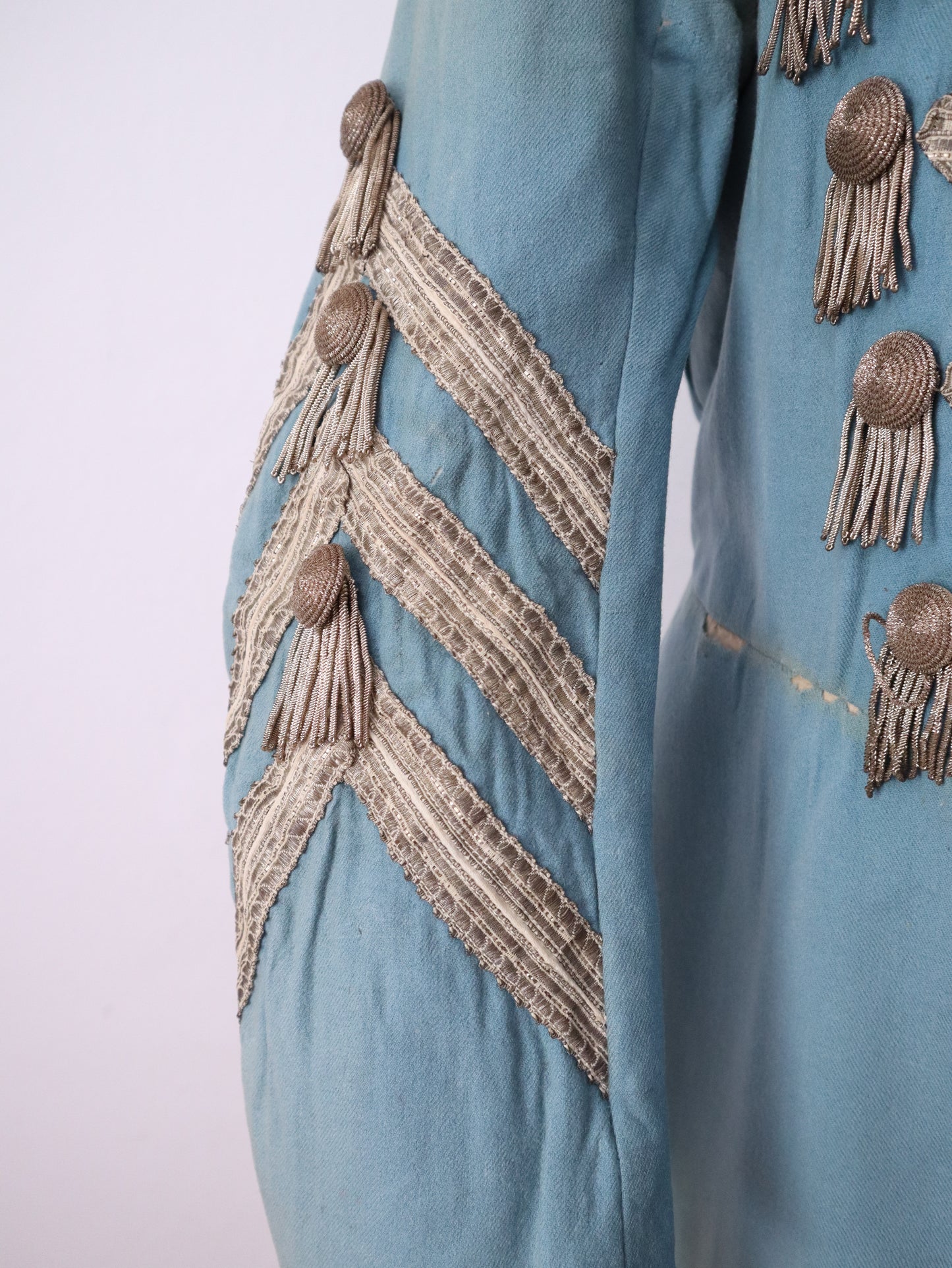 Antique 19th Century Theatrical Military-Style Jacket | Hand-Sewn Powder Blue Costume Coat  Metal Ribbon Trim Tassels