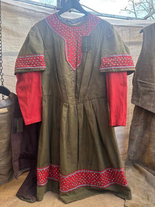 Antique French Opera Costume Tunic Vermillion Olive Studded Renaissance Medieval