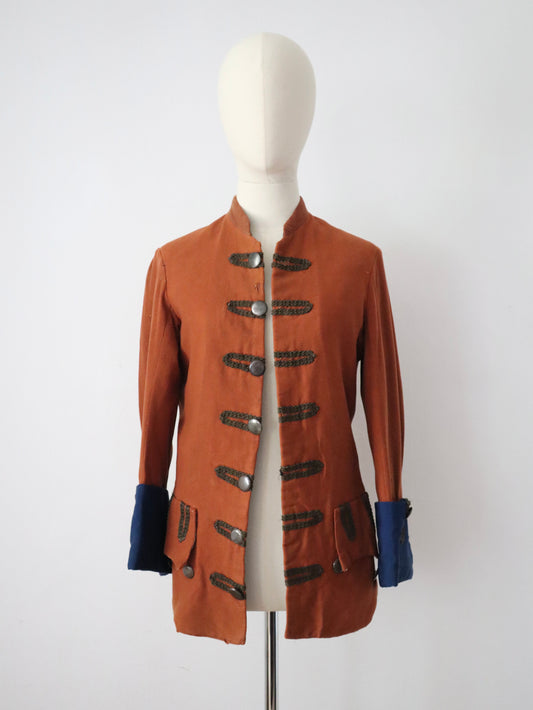 Antique French Opera Costume Jacket Rust Brown Frock Coat Blue Cuffs 18th Century Style