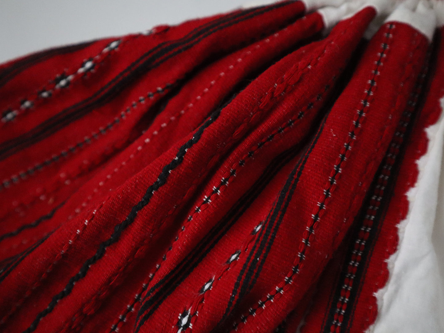 Croatian Folk Blouse – 1940s Croatia–Hungary Border – White Linen with Red, Black and White Woven Sleeves – Cropped Body