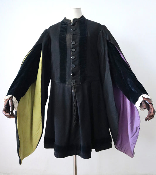 Antique French Renaissance-Style Theatrical Tunic | Circa 1900 | Aristide Boyer Marseille | Black Wool with Hanging Sleeves
