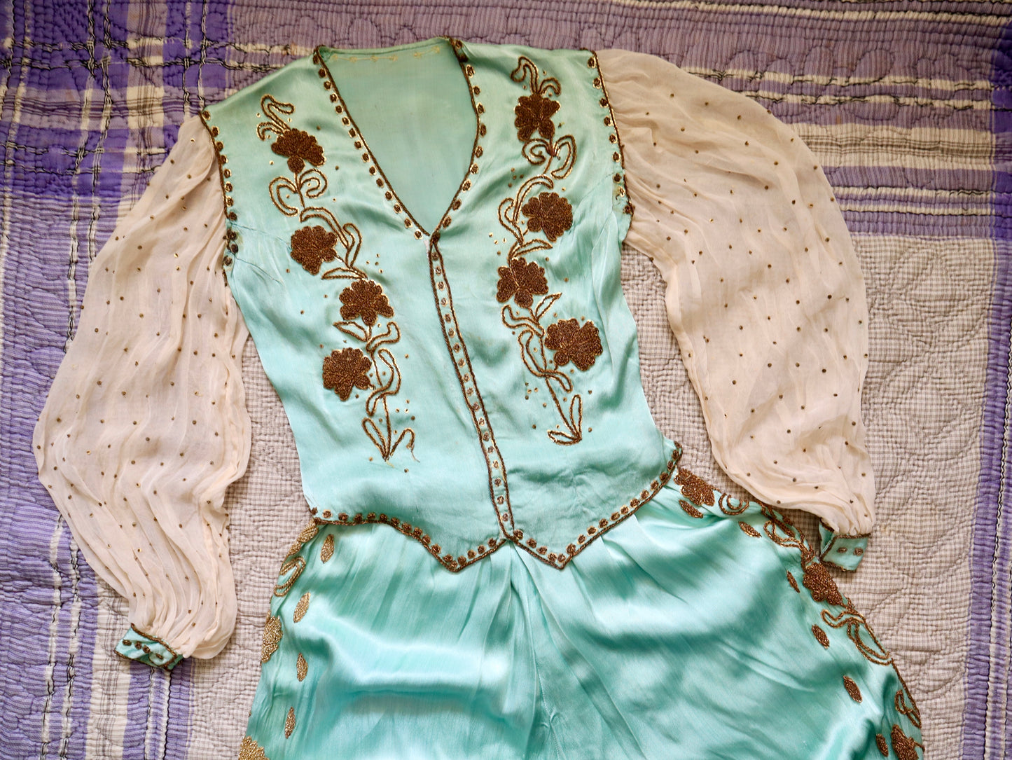 1950s Turquoise Silky Satin Two Piece Gold Beading Sequins Chiffon Sleeves Oriental Eastern
