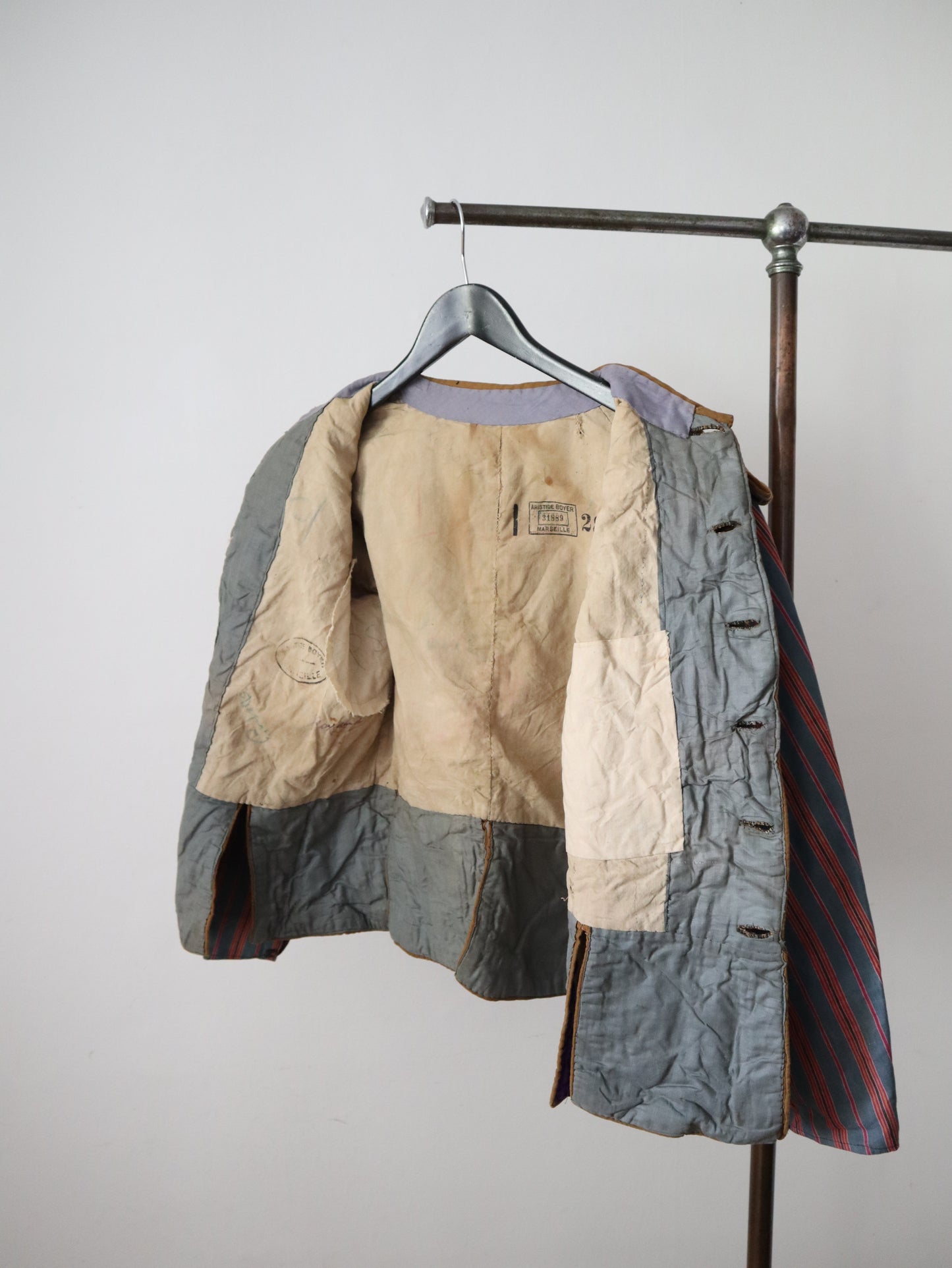 Antique French Opers Costume Jacket Brown Cotton Blue Stripe Sleeves Ribbon Trim Medieval Renaissance