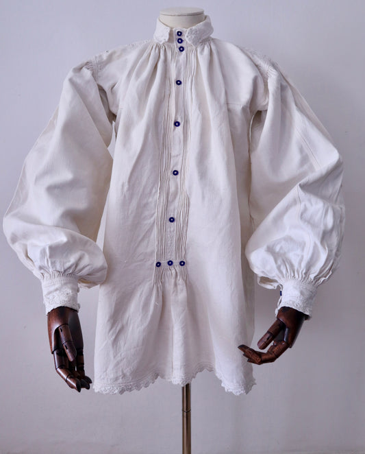 1930s–1940s Transylvanian Linen Shirt with Pressed Glass Buttons