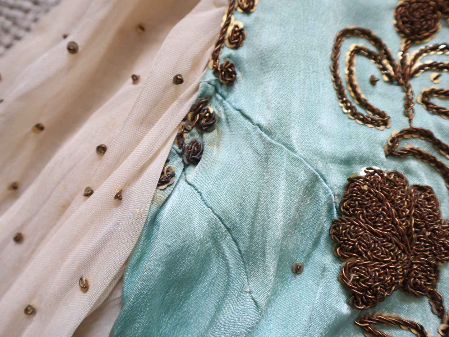 1950s Turquoise Silky Satin Two Piece Gold Beading Sequins Chiffon Sleeves Oriental Eastern