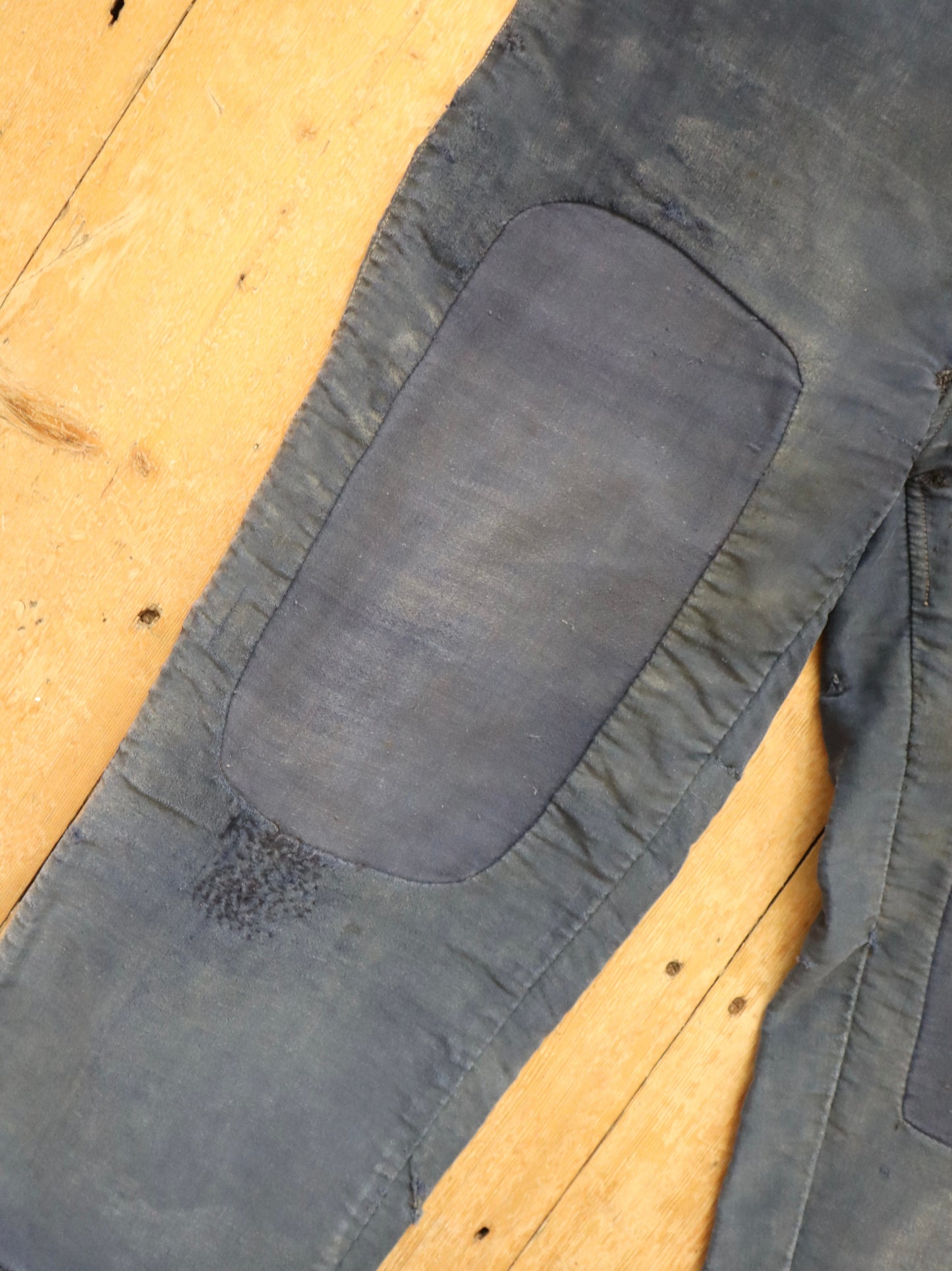 French Le Mont St Michel Blue Moleskin Workwear Trousers Pants Repairs Darned 1950s