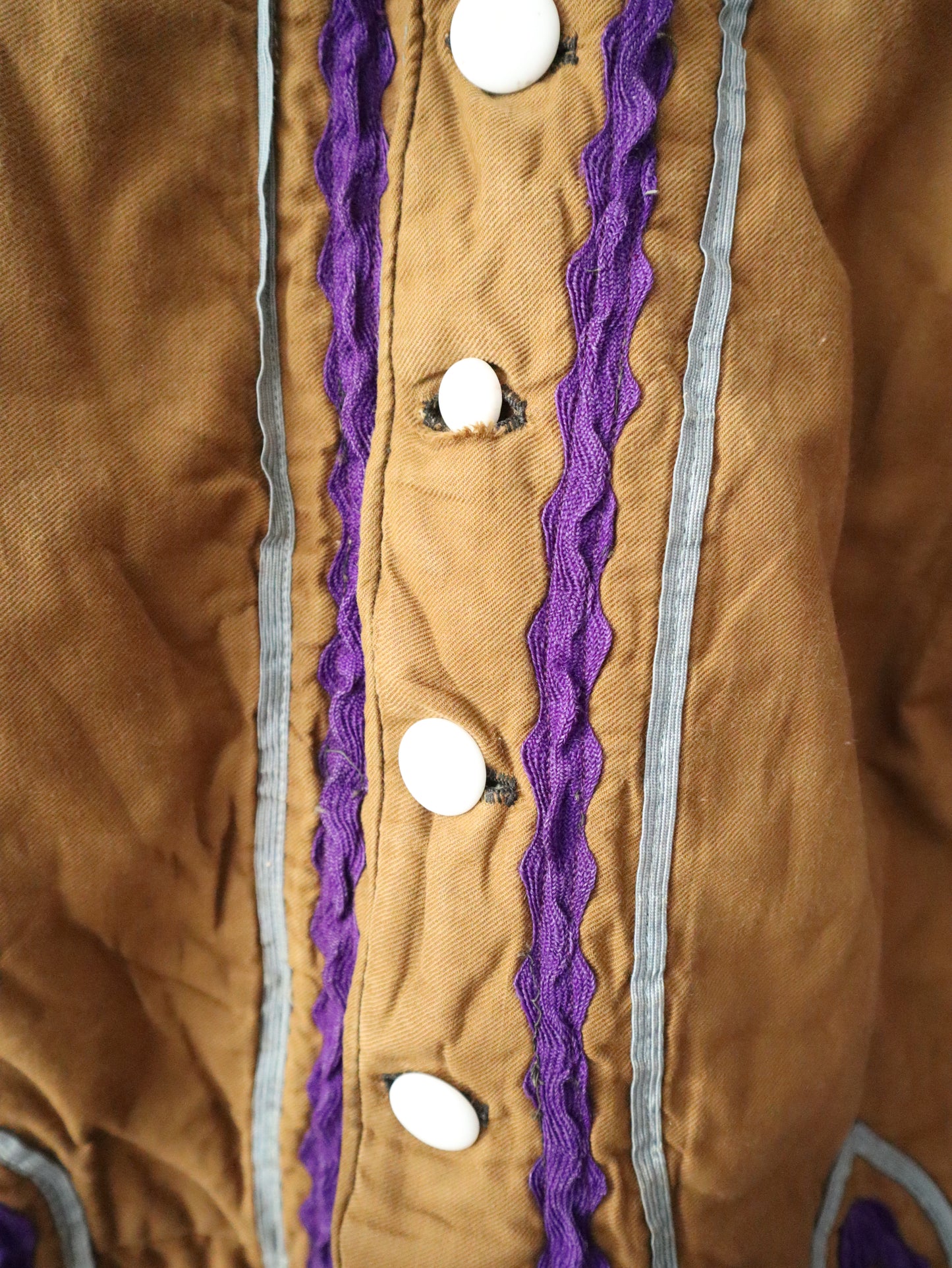 Antique French Opers Costume Jacket Brown Cotton Blue Stripe Sleeves Ribbon Trim Medieval Renaissance