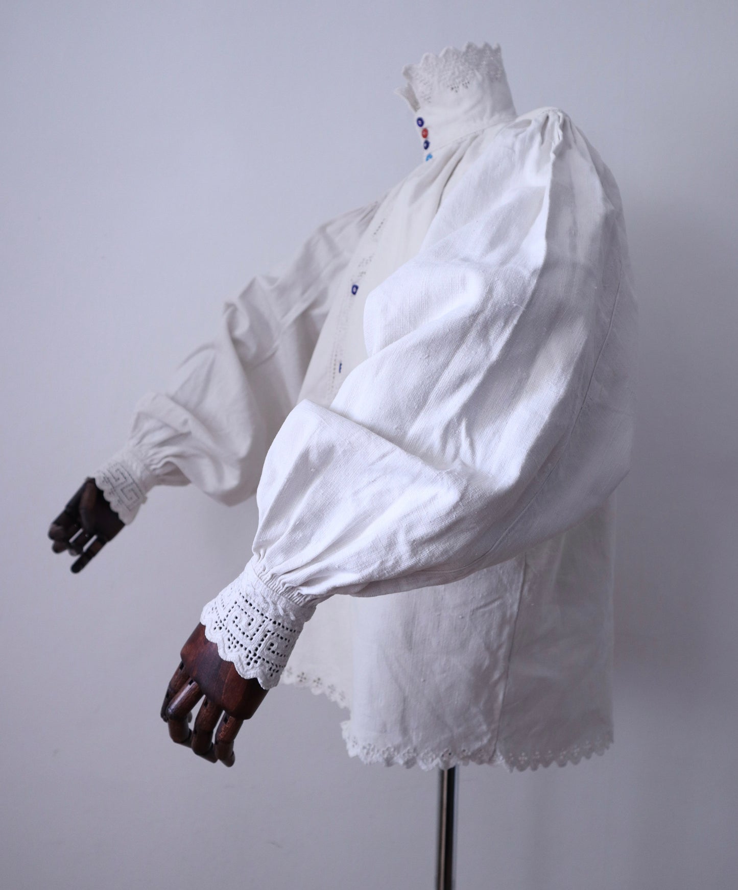 Handwoven Transylvanian Linen Folk Blouse with Cutwork Embroidery and Pressed Glass Buttons 1930s 1940s