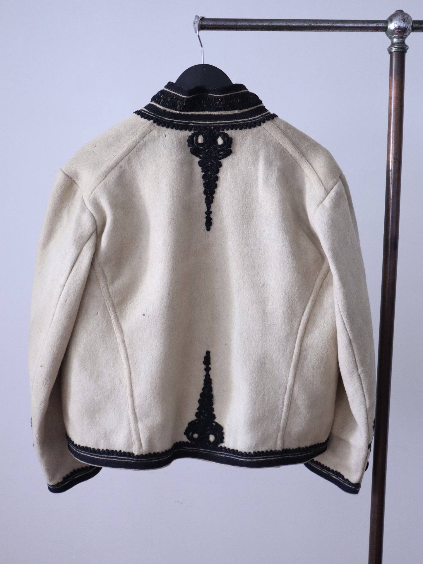1930s Transylvanian Folk Jacket – Cream Wool with Black Soutache Embroidery – Indigo Cotton Twill Lining – Traditional Vintage Coat