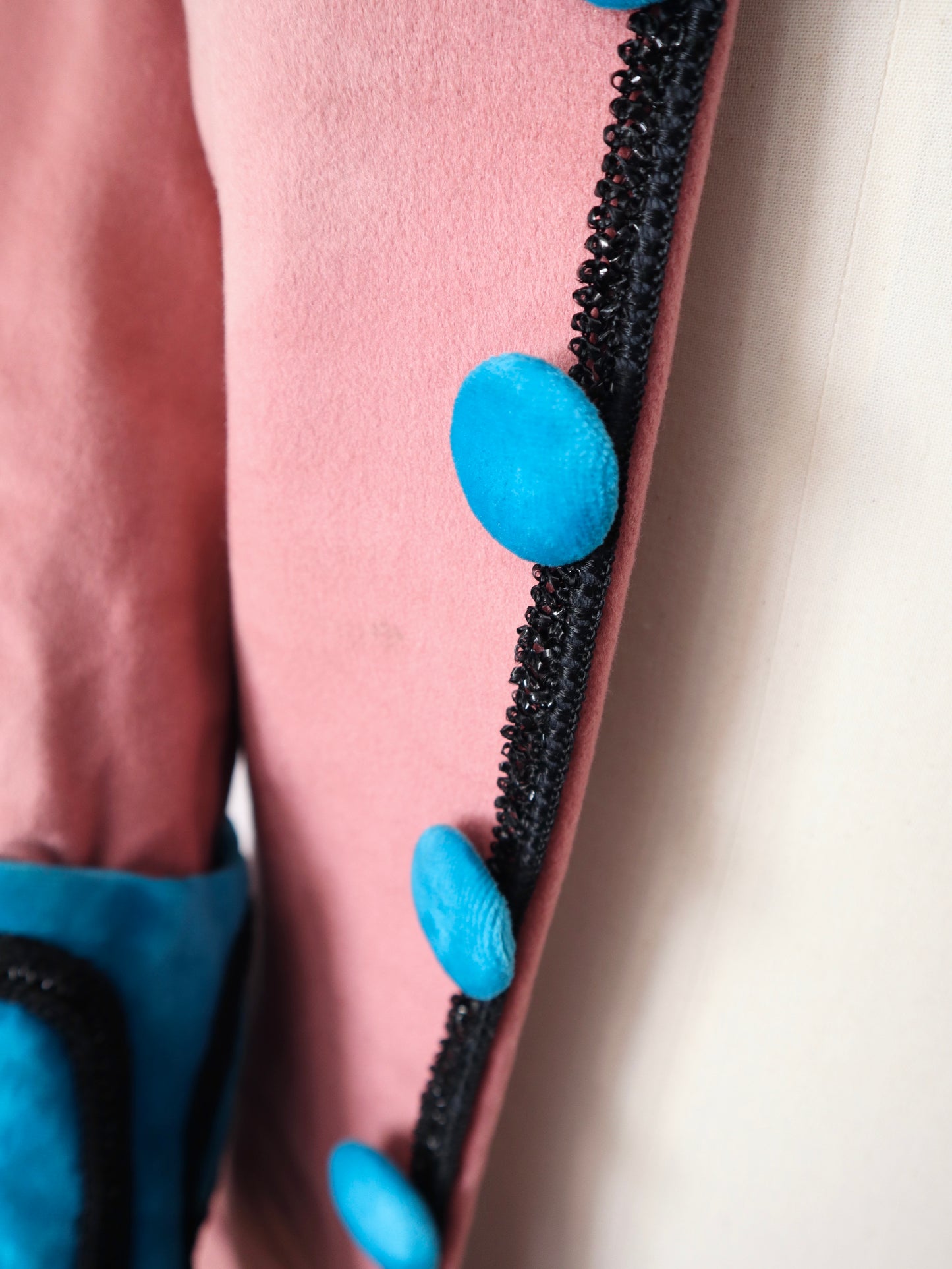 1950s French Opera House Costume Frock Coat 18th Century 1700s Marseille Pink Wool Cotton Lined Blue Velvet Cuffs Large Buttons