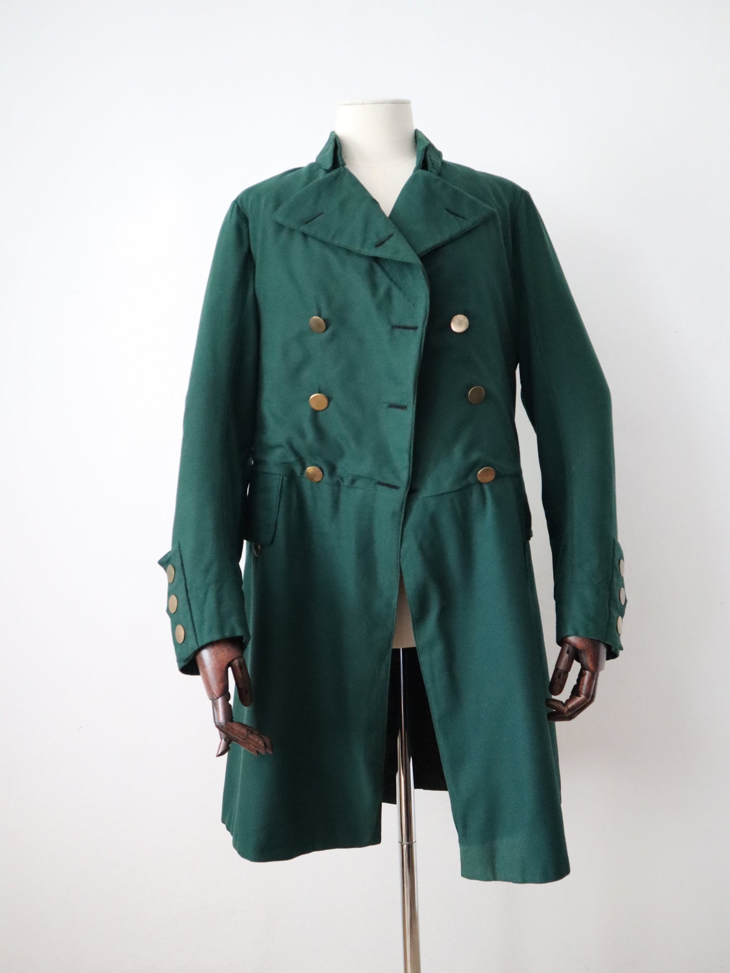Late 19th century French green wool frock-style coat with brass buttons – marked “Aristide Boyer, Marseille” Opera Theatre Costume