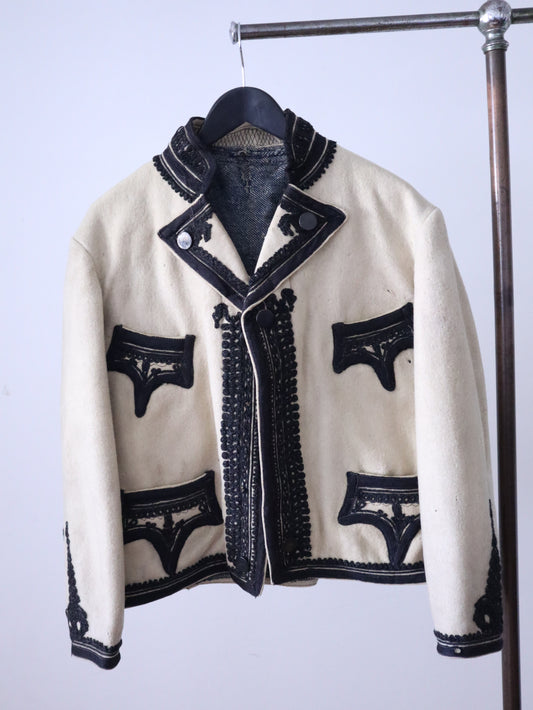 1930s Transylvanian Folk Jacket – Cream Wool with Black Soutache Embroidery – Indigo Cotton Twill Lining – Traditional Vintage Coat