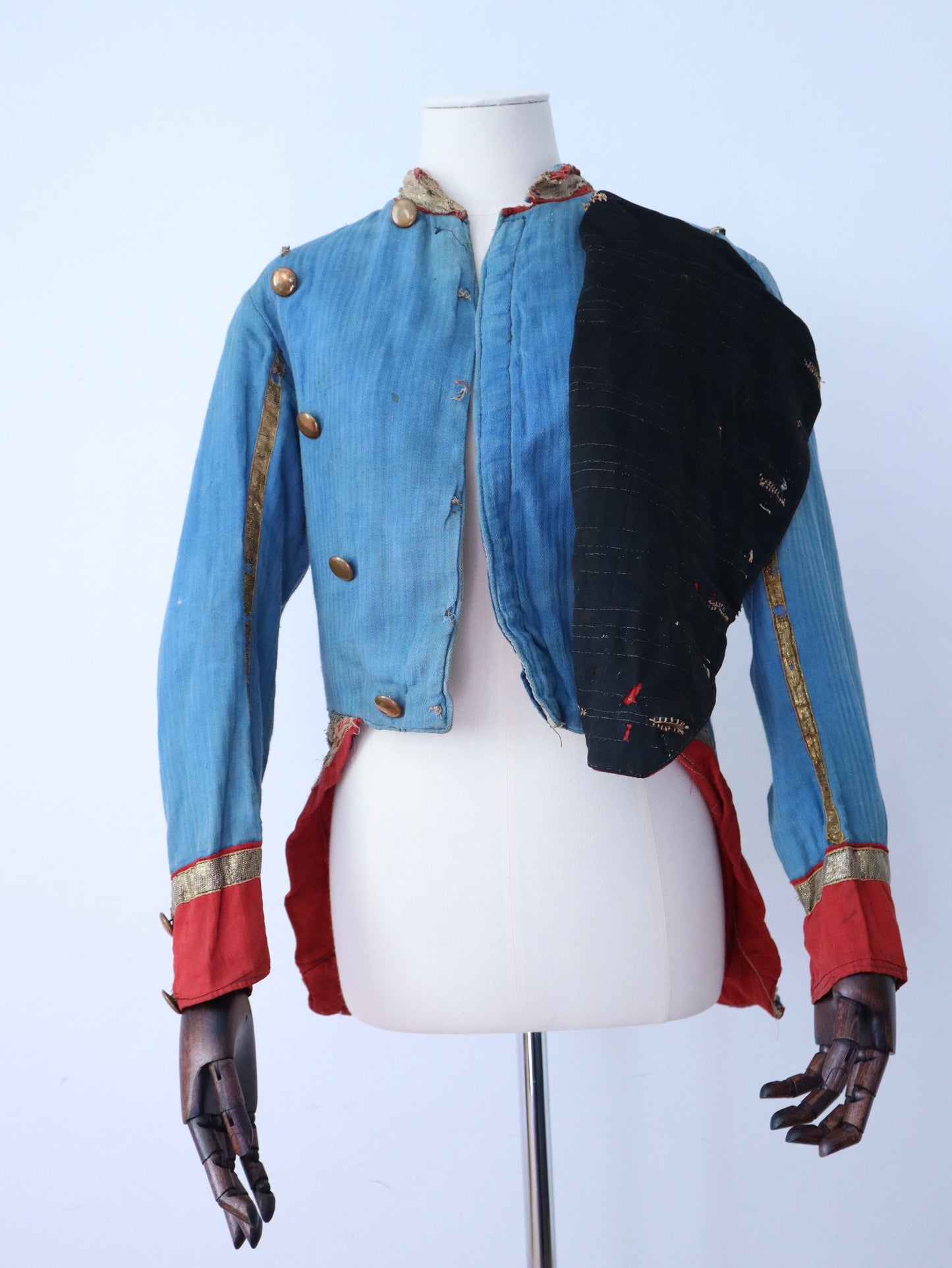 Antique French Theatre Costume 19th Century Military Style Indigo Blue Red Sun Fade Gold Ribbon Trim Brass Buttons