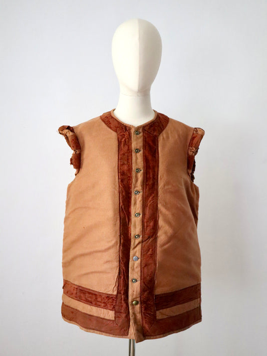 Antique French Opera Costume Tunic Gilet Wool Apricot Brown Silk Velvet Trim Medieval Renaissance
