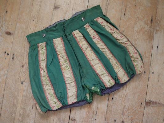 Antique 19th century French Renaissance style hose shorts, opera Theatre costume Green Stripe Floral