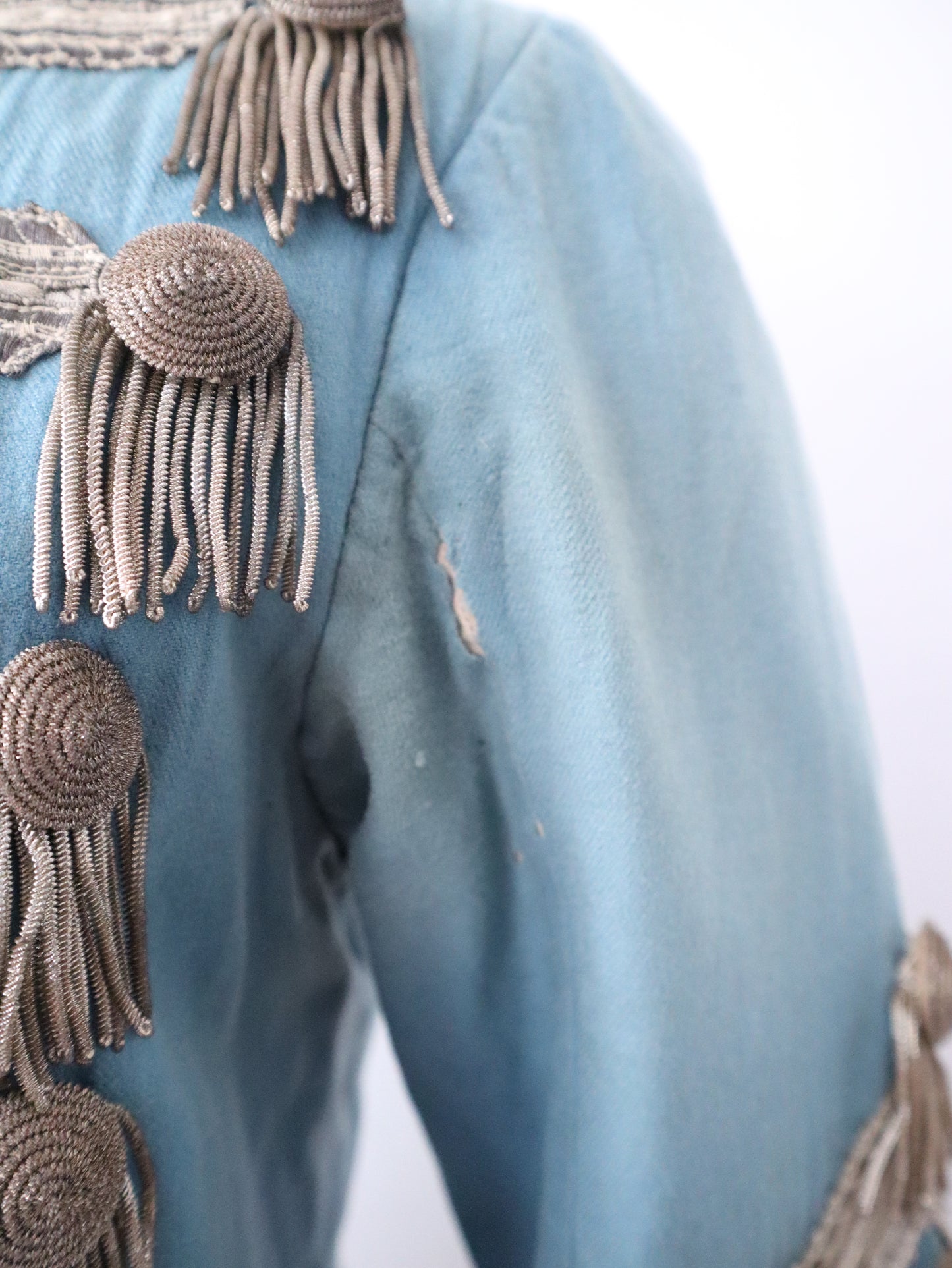 Antique 19th Century Theatrical Military-Style Jacket | Hand-Sewn Powder Blue Costume Coat  Metal Ribbon Trim Tassels