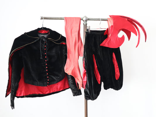Antique 1910s - 20s French Mephistopheles costume delightful silk velvet complete five piece set child jacket cape breeches Devil Halloween