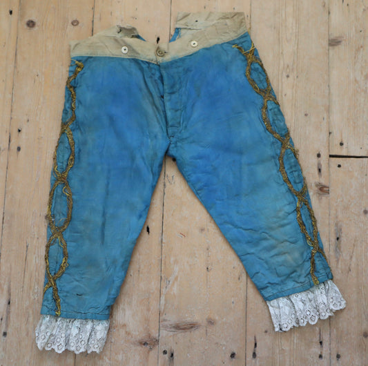 Antique French 19th Century Woven Cotton Blue Renaissance Style Breeches Trousers Pants Gold Metal Ribbon Lace Trim Theatre Opera Costume