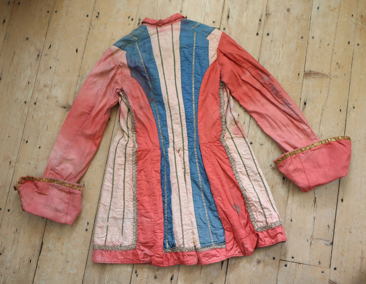 Antique 19th century French theatre Opera costume 18th century style frockcoat jacket red white blue fade silver metal ribbon trim striped