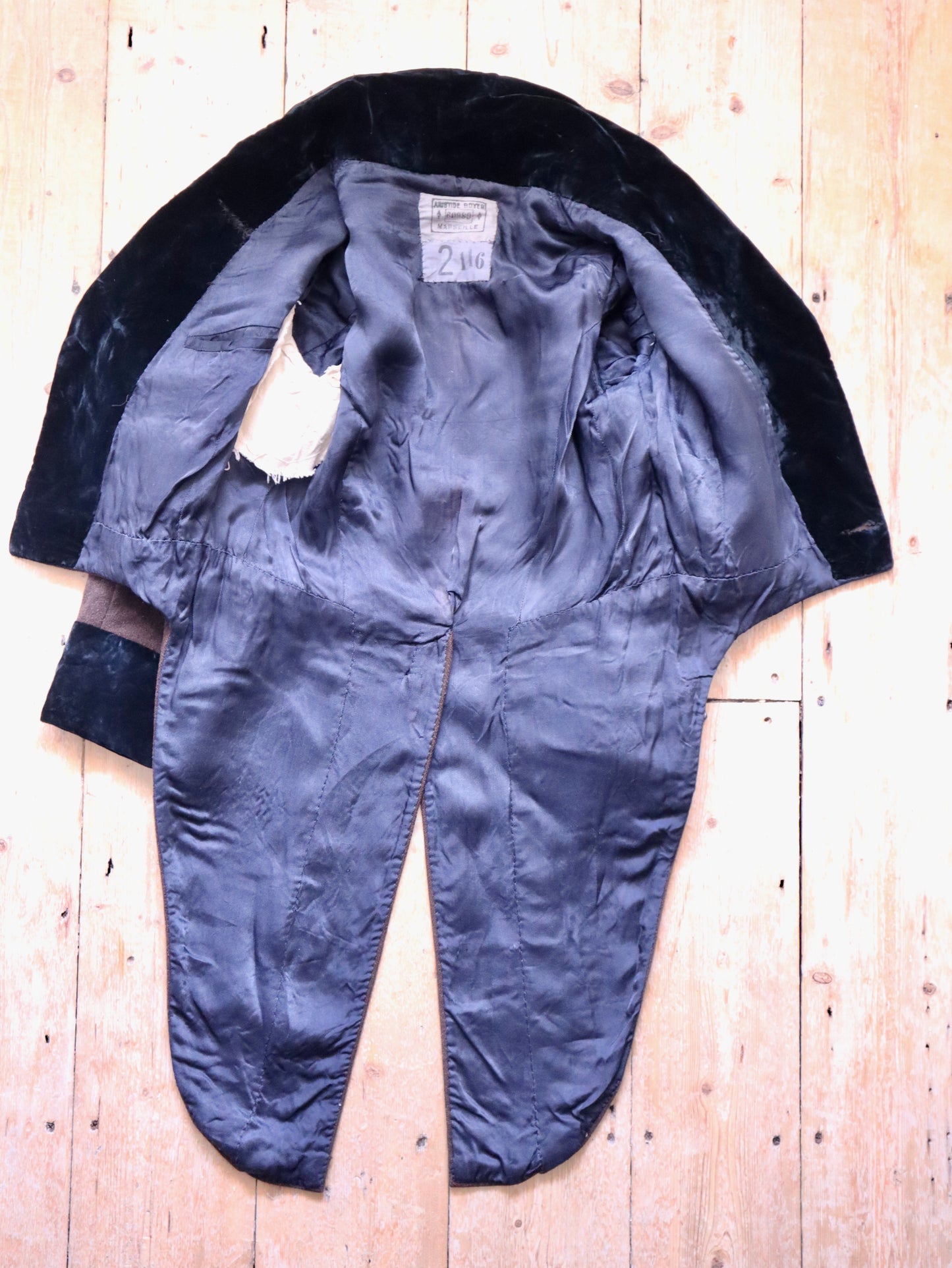 Antique c.1920s French Opera Costume Tailcoat Dark Brown Wool with Velvet Trim & Faceted Glass Buttons Hand-Stitched & Fully Lined