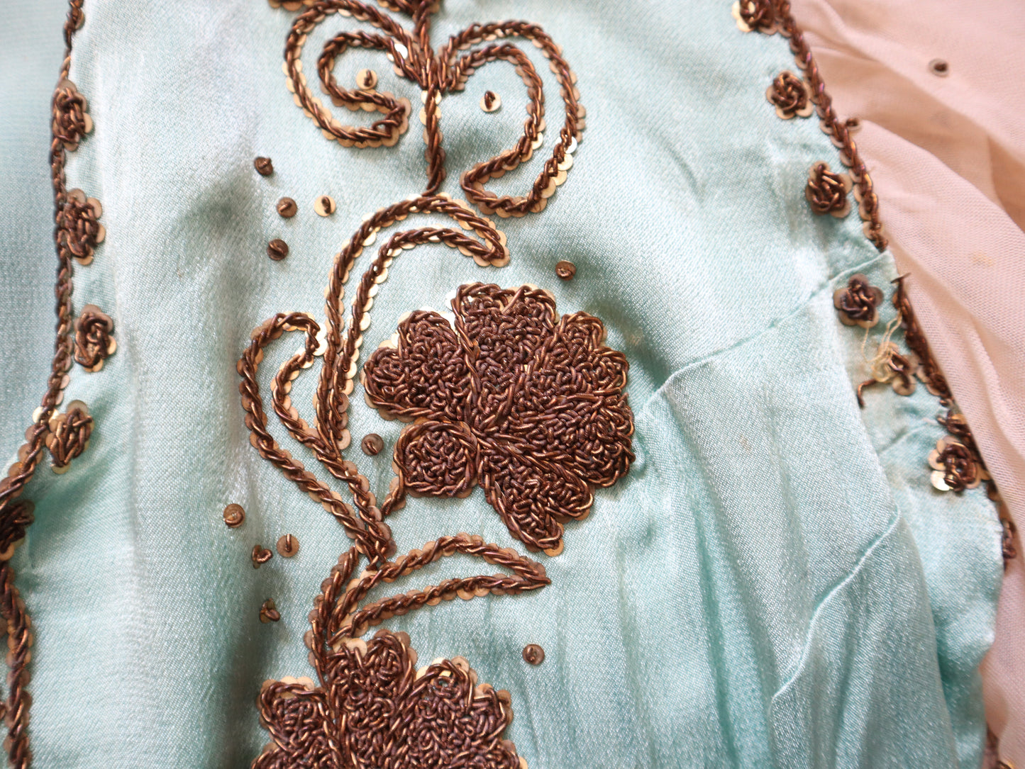 1950s Turquoise Silky Satin Two Piece Gold Beading Sequins Chiffon Sleeves Oriental Eastern