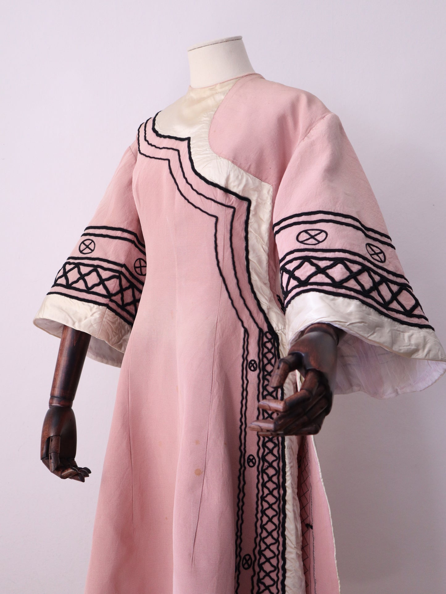 1930s -40s French Opera Tunic Dress by Henri Lebrun – Pink Grosgrain with Black Soutache Trim – Vintage Theatrical Costume
