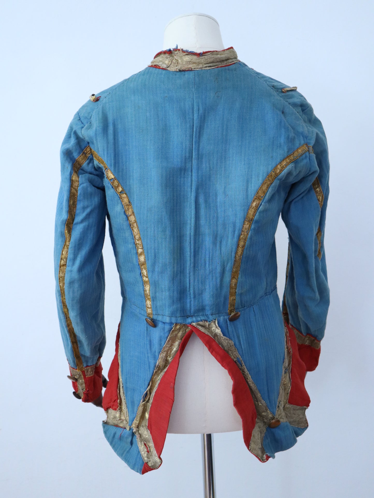 Antique French Theatre Costume 19th Century Military Style Indigo Blue Red Sun Fade Gold Ribbon Trim Brass Buttons