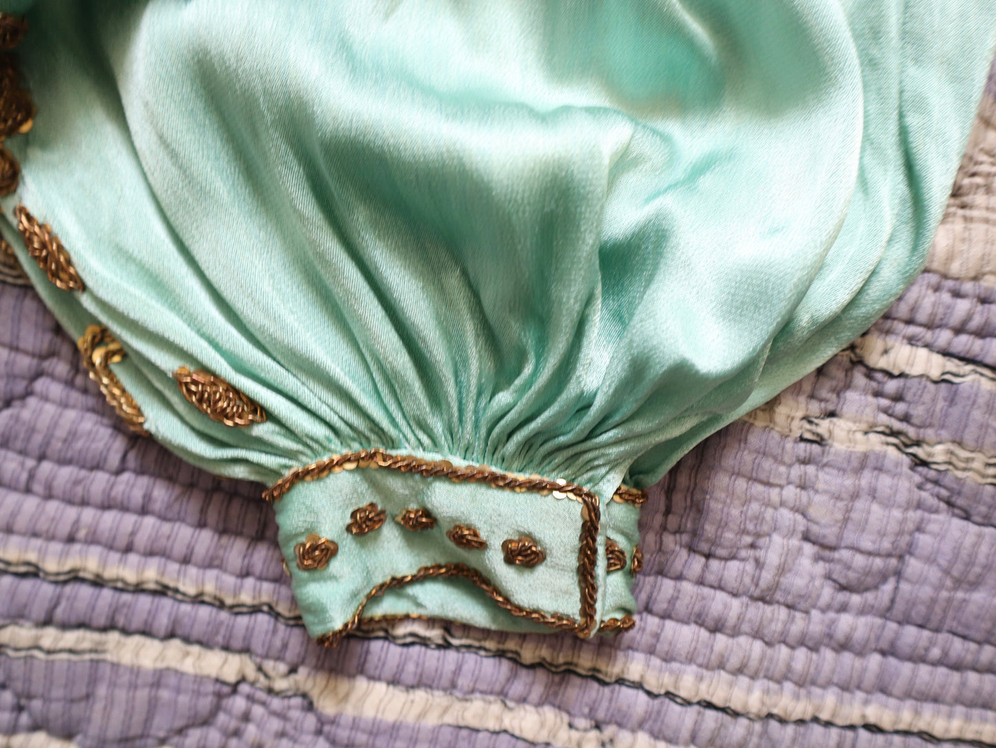 1950s Turquoise Silky Satin Two Piece Gold Beading Sequins Chiffon Sleeves Oriental Eastern