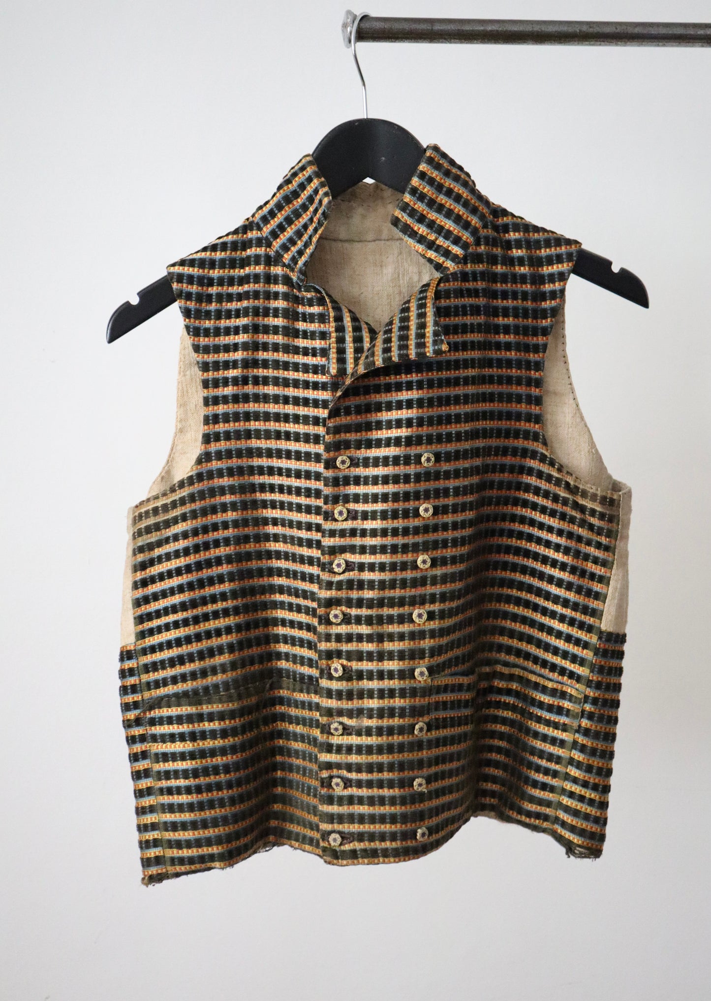 1790s - 1800 Silk Velvet Waistcoat
Vest Stripe Covered Buttons Double Breasted French Sack
Linen Back