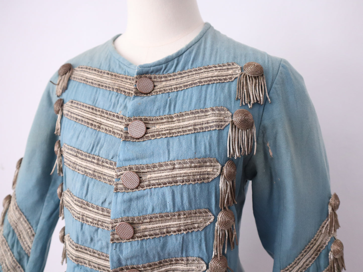 Antique 19th Century Theatrical Military-Style Jacket | Hand-Sewn Powder Blue Costume Coat  Metal Ribbon Trim Tassels