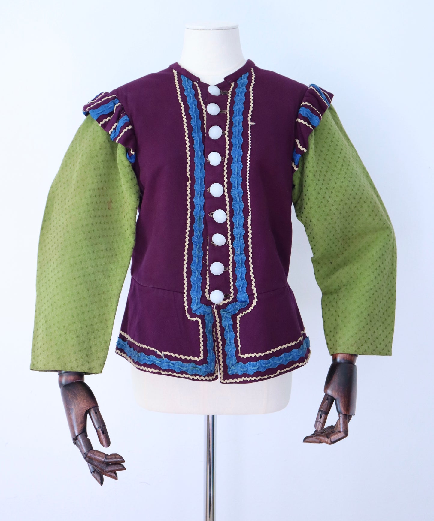 Antique French Opera Costume Jacket Purple Wool Green Cotton Sleeves Ribbon Trim Medieval Renaissance