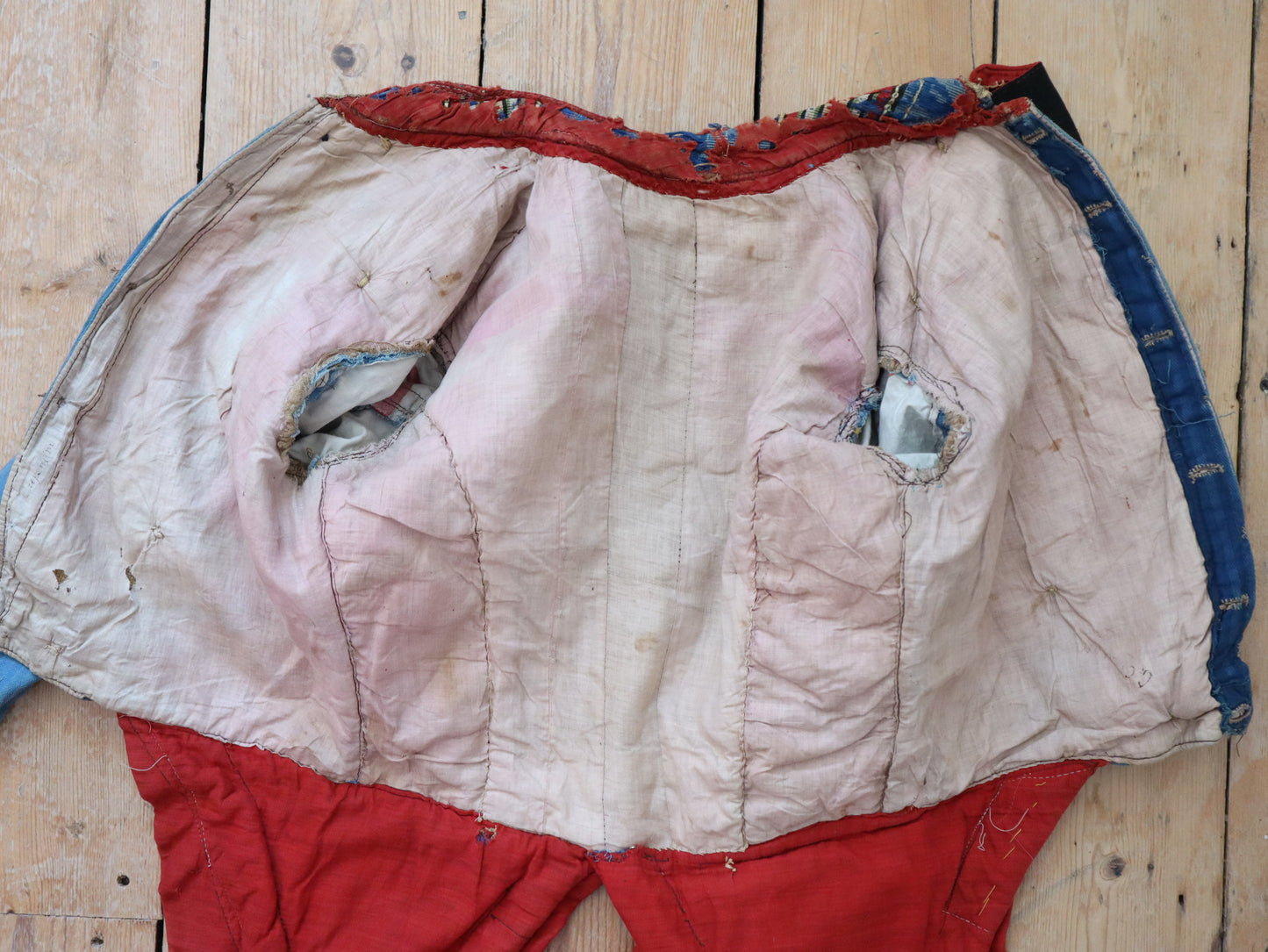 Antique French Theatre Costume 19th Century Military Style Indigo Blue Red Sun Fade Gold Ribbon Trim Brass Buttons